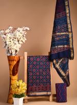 Maheshwari Silk Navy Blue Festival Wear Block Printed Dress Material